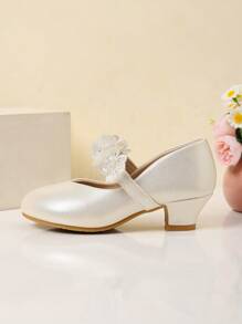Zantong 儿童高跟鞋，白色蕾丝女童鞋，女童正装鞋闪光公主鞋花朵玛丽珍低跟鞋派对婚礼舞会鞋（儿童/青少年）