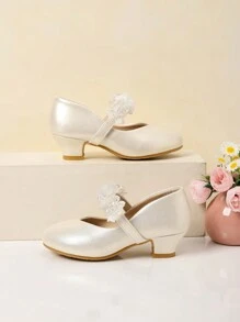 Zantong 儿童高跟鞋，白色蕾丝女童鞋，女童正装鞋闪光公主鞋花朵玛丽珍低跟鞋派对婚礼舞会鞋（儿童/青少年）