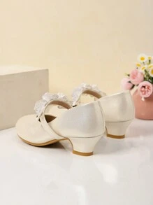 Zantong 儿童高跟鞋，白色蕾丝女童鞋，女童正装鞋闪光公主鞋花朵玛丽珍低跟鞋派对婚礼舞会鞋（儿童/青少年）