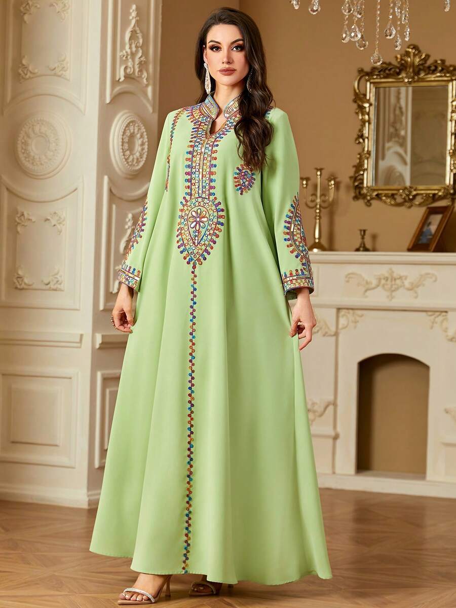Women's Glamorous Vintage V-Neck Sequins Embroidery Rope Tie Long Sleeve Dress, Arabic Style For Spring/Summer, Modest Kaftan - Green - View 1
