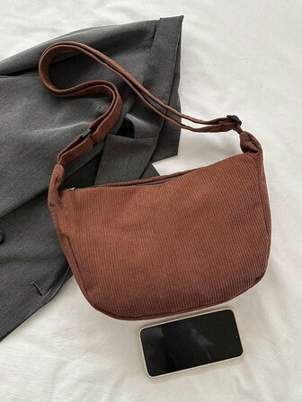 1pc Solid Color New Shoulder Bag For Women, Ins-Style Corduroy, Student School/Work Commute, Versatile, Large Capacity, Crossbody Design, New Autumn And Winter Women Bag, Best Fall Purse, Perfectly Matching With Fall Outfits Womenfall Clothes For Women