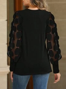ChicMe Polka Dot Pattern Round Neck Long Sleeve Sheer Mesh Shirred Blouse Elegant Top