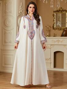 Đầm dài tay cổ chữ V, dây rút, thêu hoa vintage, đính sequin dành cho nữ, thích hợp cho mùa xuân/hè, kiểu kaftan kín đáo. - Màu be - Xem 1
