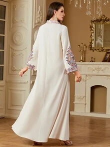 Đầm dài tay cổ chữ V, dây rút, thêu hoa vintage, đính sequin dành cho nữ, thích hợp cho mùa xuân/hè, kiểu kaftan kín đáo. - Màu be - Xem 2