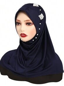1pc Women's Convenient Full Coverage Hijab With Rhinestone Pearls, Luxury For Holiday Celebration - Multicolor - View 10