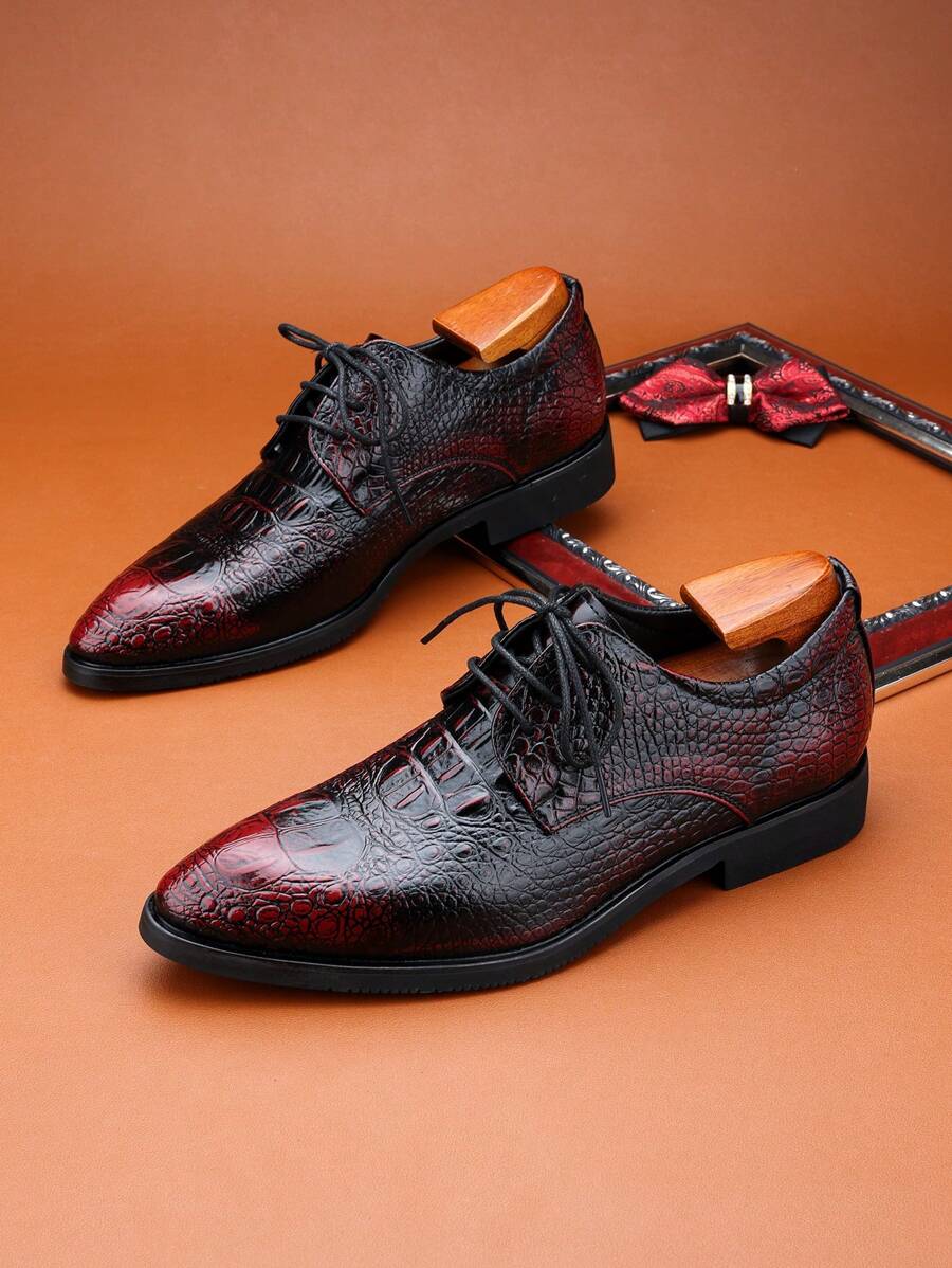 男士尖头渐变色牛津鞋，经典鳄鱼皮纹理，时尚正装鞋，适合舞会、派对、婚礼，百搭 - 紅色 - 查看 1