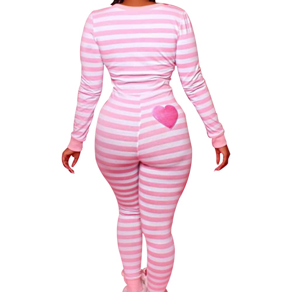 Women's Valentine's Day Long Sleeve Stripe Heart One Piece Pajamas Bodycon Jumpsuit Button Neck Sleepwear Romper Christmas Nightwear Spring Fall New Years Clothes Party Holiday Outfits Valentine's Day Outfit For Women - 粉色 - 查看 1