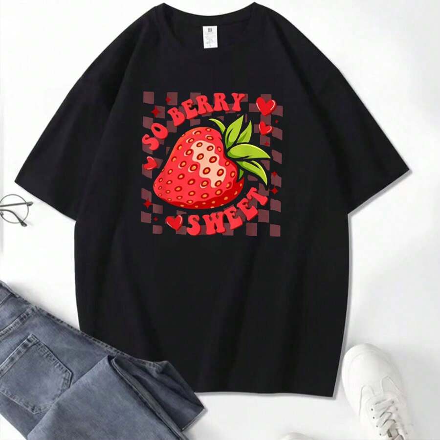 Valentine's Day Strawberry Print T-Shirt For Men And Women Round Neck Cotton Short Sleeve Sports T-Shirt For All Seasons