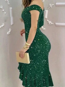 Spring/Summer Off-Shoulder Sexy Solid Color Thigh-High Slit Elegant Ruffle Sequin Print Party Glitter Dress, Lightweight And Breathable - Green - View 3