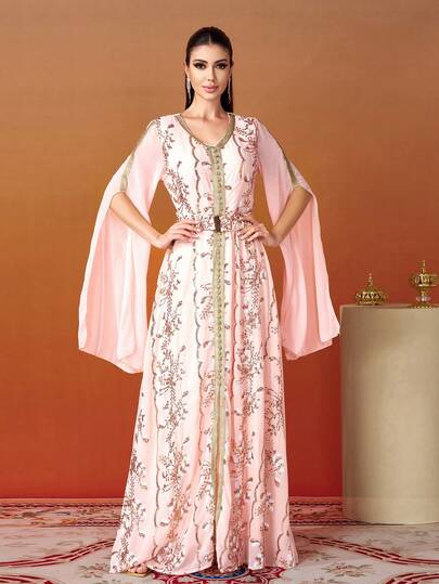 Missord V 领蝴蝶结花卉印花开衩优雅长袖阿拉伯连衣裙