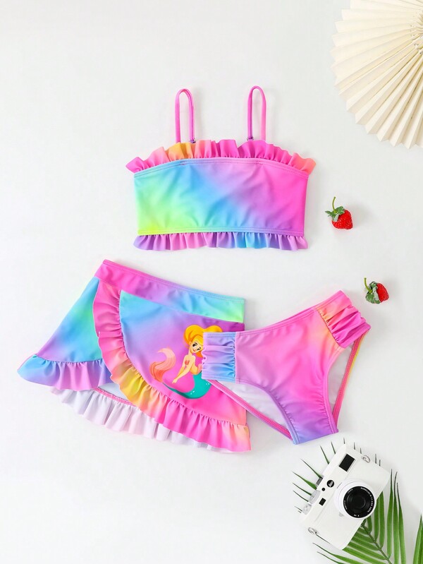 3pcs/Set Young Girl' Casual Vacation Outdoor Sports Mermaid Print Swimwear, Spring/Summer