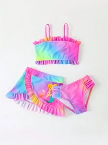 3pcs/Set Young Girl' Casual Vacation Outdoor Sports Mermaid Print Swimwear, Spring/Summer