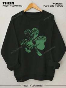Women's Lucky Clover Pattern Printed Green Casual Sportswear, Full Of Spring And Autumn Vitality, Showcasing Youthful Style Round Neck Sportswear Long Sleeve Hoodie, St. Patrick's Day Costume, Suitable For Daily Wearing Pattern Casual Women's Wear