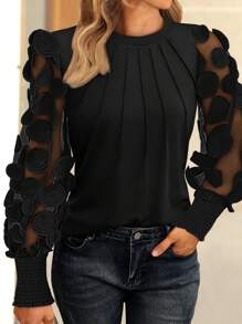 ChicMe Polka Dot Pattern Round Neck Long Sleeve Sheer Mesh Shirred Blouse Elegant Top