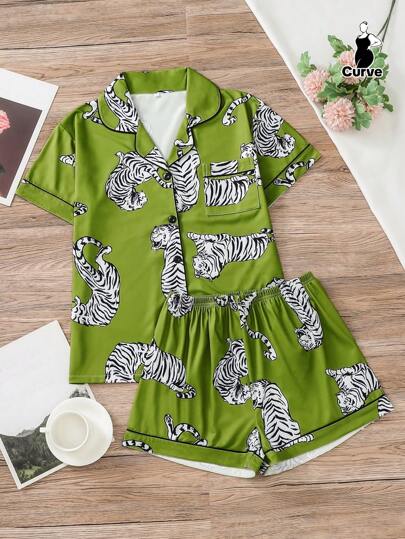 2pcs Plus Size Women Tiger Print Pajama Set, Short Sleeve Shirt With Lapel Collar & Button, And Loose Elastic Shorts, Suitable For Overweight, Holiday Party, Casual Outdoor And Indoor Comfy Sleepwear