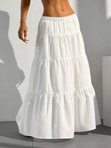Women's Solid Color High Waist Tie Ruffle Hem Long Skirt