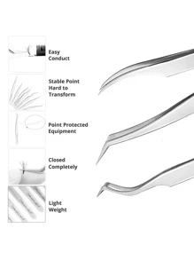 3pcs/Set Stainless Steel Eyelash Tweezers High Precision Professional False Eyelash Extension Tools Kit Including Oblique Tweezers And Straight Tweezers With Opp Bag Packaging For Beginners And Eyelash Technicians