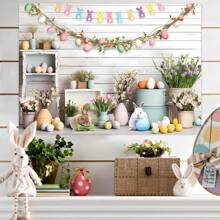 1PC Easter Theme Party Photography Backdrop (210*150/150*100/100*75CM)Spring Colorful Rabbit Rusitc Eggs Hunt Wooden Wall Background Floral Bunny Party Decorations Portrait Photo BannerNewborn Shower Party Cake Table Decoration Banner Props