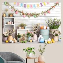 1PC Easter Theme Party Photography Backdrop (210*150/150*100/100*75CM)Spring Colorful Rabbit Rusitc Eggs Hunt Wooden Wall Background Floral Bunny Party Decorations Portrait Photo BannerNewborn Shower Party Cake Table Decoration Banner Props