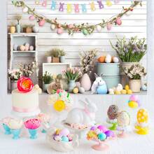 1PC Easter Theme Party Photography Backdrop (210*150/150*100/100*75CM)Spring Colorful Rabbit Rusitc Eggs Hunt Wooden Wall Background Floral Bunny Party Decorations Portrait Photo BannerNewborn Shower Party Cake Table Decoration Banner Props