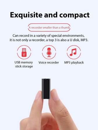 Oplaadbare, ruisvrije high-definition recorder, opname met één klik, opnameapparaat voor het leren van vergadernotities, MP3-muziekspeler, ingebouwde 135 mAh-batterij, extreem lange batterijduur