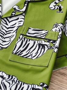 2pcs Plus Size Women Tiger Print Pajama Set, Short Sleeve Shirt With Lapel Collar & Button, And Loose Elastic Shorts, Suitable For Overweight, Holiday Party, Casual Outdoor And Indoor Comfy Sleepwear - 綠色 - 查看 5