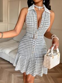 Amarilo 2025 Spring/Summer Women's Elegant & Fashionable Plaid Texture Lapel Sleeveless Vest Dress With Pleated Hem And Waist Tie For Office Look