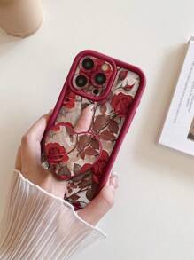 Summer 1pc Camera Lens Protective Shockproof Phone Case With Heart-Shaped Phone Holder And Rose Flower Pattern, Compatible With IPhone 11 Pro Max/12 Pro Max/13 Pro Max/14 Pro Max/15 Pro Max/IPhone 16 Plus/IPhone 16 Pro Max, Redmi, OPPO/Realme, VIVO, Infinix, Honor, One Plus - Burgundy - View 2