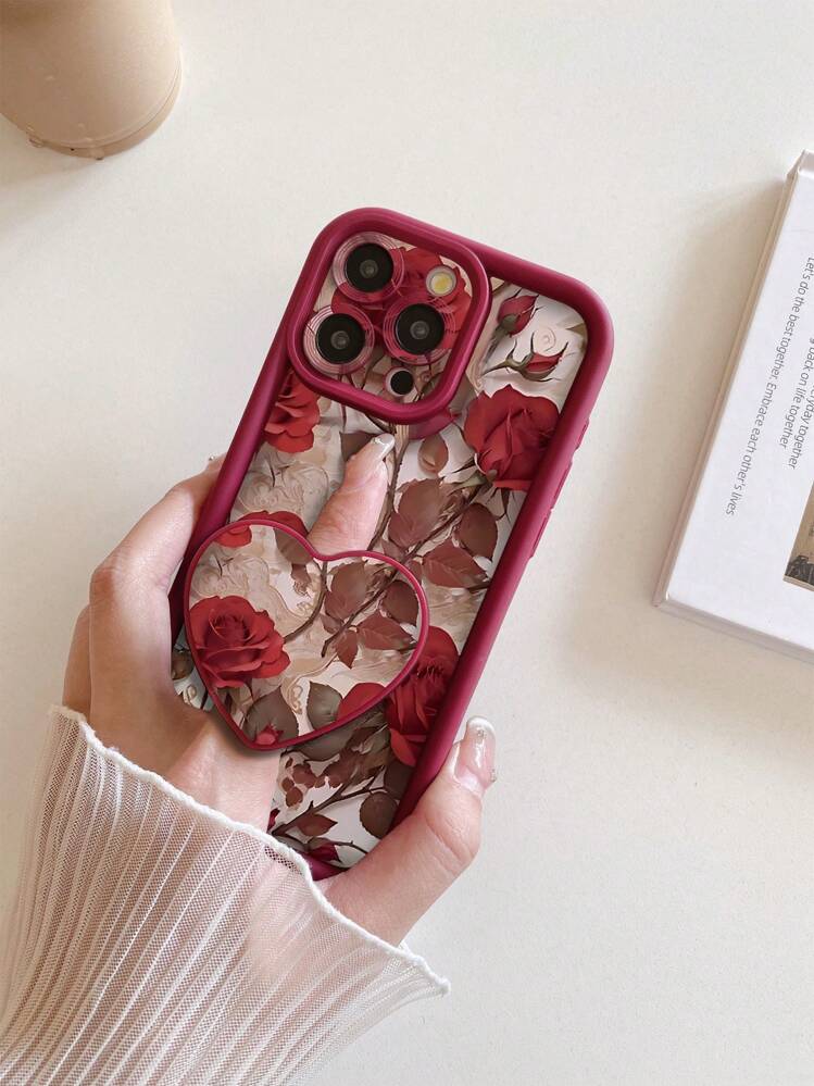 Summer 1pc Camera Lens Protective Shockproof Phone Case With Heart-Shaped Phone Holder And Rose Flower Pattern, Compatible With IPhone 11 Pro Max/12 Pro Max/13 Pro Max/14 Pro Max/15 Pro Max/IPhone 16 Plus/IPhone 16 Pro Max, Redmi, OPPO/Realme, VIVO, Infinix, Honor, One Plus - Burgundy - View 2