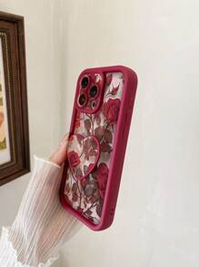 Summer 1pc Camera Lens Protective Shockproof Phone Case With Heart-Shaped Phone Holder And Rose Flower Pattern, Compatible With IPhone 11 Pro Max/12 Pro Max/13 Pro Max/14 Pro Max/15 Pro Max/IPhone 16 Plus/IPhone 16 Pro Max, Redmi, OPPO/Realme, VIVO, Infinix, Honor, One Plus - Burgundy - View 3