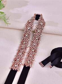 1 قطعة حزام خصر طويل مرصع بالكريستال الكامل، اكسسوار فستان رسمي بلون الذهب الوردي، شريط أسود رسمي لحفلات المساء والعشاء للنساء، اكسسوارات عيد الحب - الشريط الأسود - مشاهدة 2