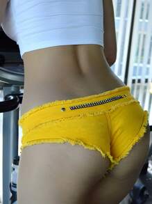 Womens Casual Summer Short Jeans, Triangle Crotch Low Waist With Buttons For Summer Party Beach - 黃色 - 查看 2