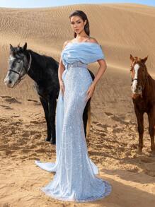 Faeriesty Đầm dạ hội và váy dự tiệc sang trọng cổ bất đối xứng, dáng đuôi cá, đính cườm, thích hợp cho Giáng sinh và các dịp cưới hỏi. - Màu xanh nhạt - Xem 7