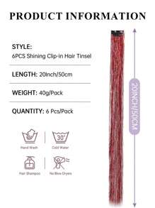 6Pcs Hair Tinsel Clip In 20Inch Tinsel Hair Extensions Clip In Hair Tinsel Kit Heat Resistant Shiny Sparkle Glitter Hair Extensions For Women Girls Kids Red Fairy Hair Accessories For Halloween Party Use