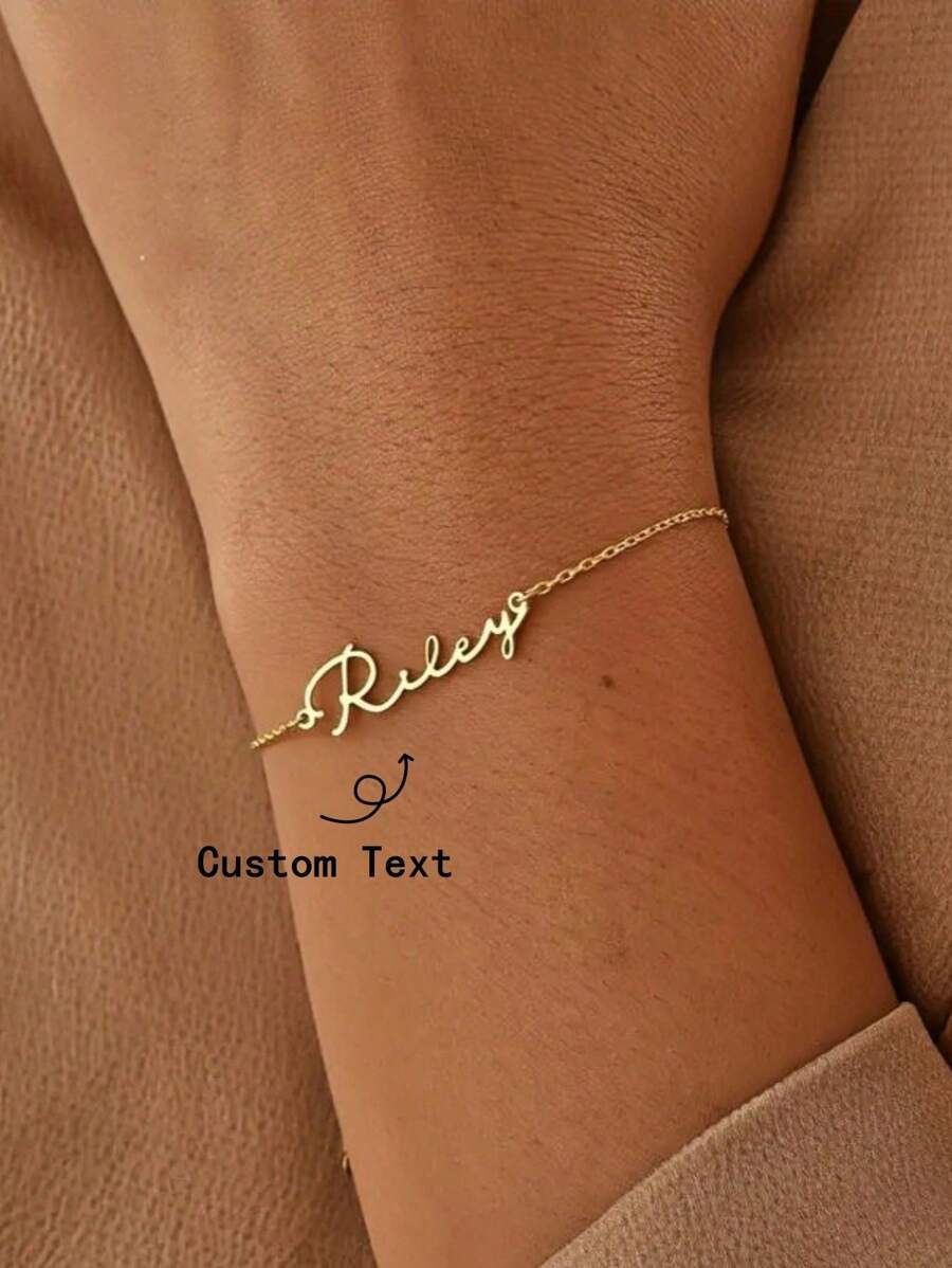 Customized Name Bracelets For Women Gold Color Stainless Steel Personalized Le Fashion Wedding Jewelry Gift, Personalized Minimalist Style , Calligraphy Stainless Steel Daily Wear Bracelet, Birthday Gift For Her, Party Gift, Christmas Gift, Bridesmaid Gift,A Special Gift For Anniversaries, Valentine's Day, Father's Day, Mother's Day, Graduations, And Christmas, An Exquisite Gift To Give To Your Lover, Friend, Father, Or Mother. Gold Stylish,Unisex,Simple,Vintage,Goth,Cuties,Casual Custom,Personalized,Unique Ideal Gifts For Him,Ideal Gifts For Her Her,Boyfriend,Girlfriend,Dad,Mom,Family,Friends,Pets,Son,Daughter,Grandparents For Anniversaries,For Birthdays,For Daily Wear,For Weddings,For Graduation,For Prom,For Party,Customized Fashion Word Bracelets,Chic Autumn