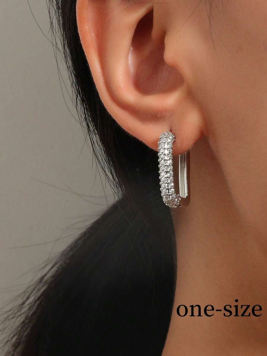 方晶鋯石裝飾圓耳環 - 銀色 - 查看 1