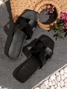 Women's Solid Color Mule Flat Sandals Open Toe Square Toe Slip-On Beach Minimalist Low Heel Casual Plus Size Black Slippers, Personalized Elegant Holiday Shoes