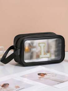 Bolsas de aseo con letra de la A a la Z, de moda y sencillas, tanto para hombres como para mujeres. Bolsas cosméticas impermeables y transparentes de tamaño de cuarto de galón para viajes, aptas para ambos sexos, se pueden llevar en avión y regalar como un regalo para tu novia, un neceser de maquillaje para viajar, un organizador de baño, útiles escolares - Negro - Ver 32