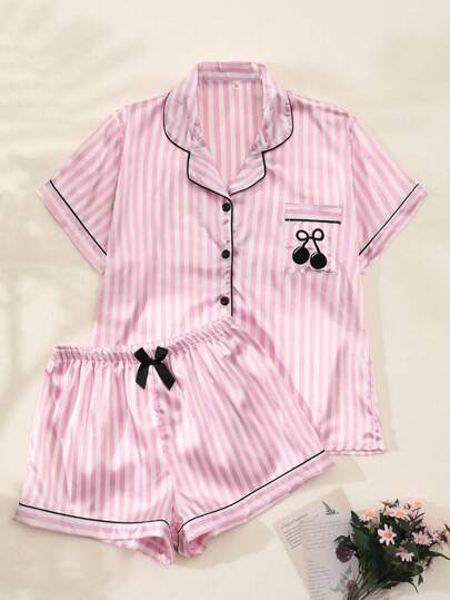 2Pcs/Set Satin Butterfly Embroidery Pajama Set With Short Sleeve Collared Shirt And Bowknot Striped Shorts For Women, Summer Loungewear, Two Pieces Set