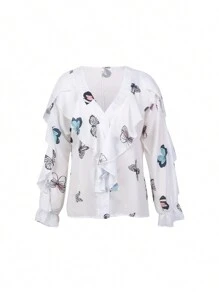 Women Long Sleeve Chiffon Shirts Button-Down Ruffle T Shirt Lady Elegant Solid Color/Letter/Butterfly/Plant Print V-Neck Long Sleeve Dressy Blouse Summer Vacation Casual Loose Top Boho Clothes Outfit - 藍白色 - 查看 3