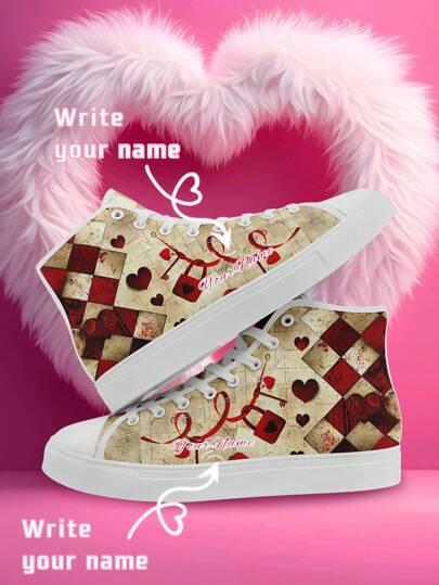 Zapatillas de lona personalizadas de alta parte superior para el Día de San Valentín de las mujeres, zapatillas deportivas personalizadas con nombre, zapatillas deportivas personalizadas con estampado de candado LOVE, zapatillas de lona personalizadas de alta parte superior, zapatillas deportivas personalizadas para mujeres y hombres, zapatos deportivos y casuales personalizados, regalo de San Valentín