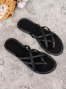 Women's Flat Sandals, Fashion Summer Beach Thong Slippers, Woven Details, Versatile For Vacation And Commute