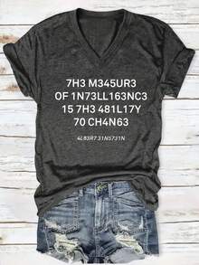 Printed V-Neck T-Shirt, Spring And Summer Casual Short-Sleeved Tops, Women's Clothing - Dark Grey - View 1