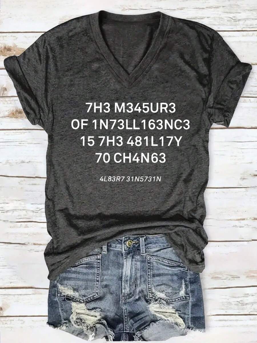 Printed V-Neck T-Shirt, Spring And Summer Casual Short-Sleeved Tops, Women's Clothing - Dark Grey - View 1