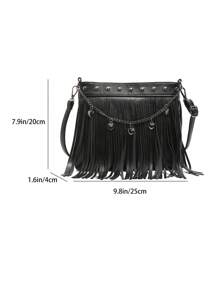 Nueva bolsa bandolera retro con remaches para mujer, bolso de hombro versátil para viajes, citas o el trabajo, con borlas y cadena con forma de corazón - Negro - Ver 7