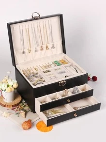 1/2/3-Layer Jewelry Box With Lock, Jewelry Organizer For Necklaces, Rings, Earrings Display Gifts For Women Back To School - Black - View 4
