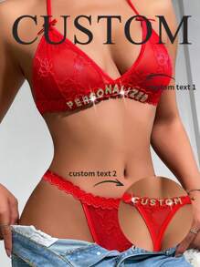 1 Set Of Customized Women's Sexy Lingerie Three-Point European And American Style Lingerie, Low Waist Sexy See Through Lace Set, Exclusive Custom Valentine's Day Gift Sequine Colorful Custom,Personalized,Unique,Customized Personalized Gifts For Men/Women,Lingerie,Panties,Underwear,Thongs Ideal Gifts For Her Girlfriend Living Room,Bedroom,For Anniversaries,For Birthdays,For Holiday - Red - View 1