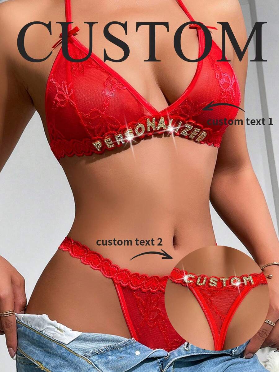 1 Set Of Customized Women's Sexy Lingerie Three-Point European And American Style Lingerie, Low Waist Sexy See Through Lace Set, Exclusive Custom Valentine's Day Gift Sequine Colorful Custom,Personalized,Unique,Customized Personalized Gifts For Men/Women,Lingerie,Panties,Underwear,Thongs Ideal Gifts For Her Girlfriend Living Room,Bedroom,For Anniversaries,For Birthdays,For Holiday - Red - View 1