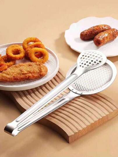 1 件/不锈钢食物夹、二合一不锈钢厨房钳、不锈钢炸锅钳、沥油食物夹、撇渣器开槽勺、带撇渣器勺的炸锅网过滤器、厨房滤水勺、创意家居厨房工具，适用于厨房、餐厅、自助餐、露营、房车、烘焙学习、餐饮校园、校园餐具。、厨房、圣诞礼物