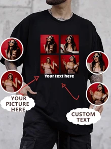 Customized Personalized Loose Round-Neck Comfortable Casual Men's T-Shirt ﻿With Graphic Design, Personalize With Your Own Photo And You Text/Logo For Couples, Family, Pets, Gifts, A Custom T-Shirt, Sports Style, Upload Four Pictures, Four-Palace Couple T-Shirt Custom
